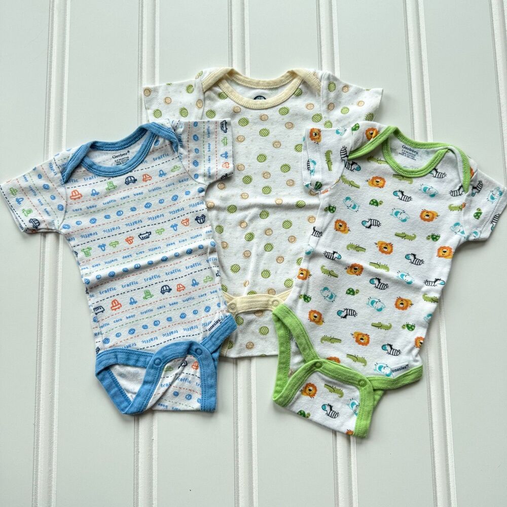 4/$10 - Set of 3 Gerber Cotton Baby Onesies | Vehicles Zoo Animals Polka Dots 0-